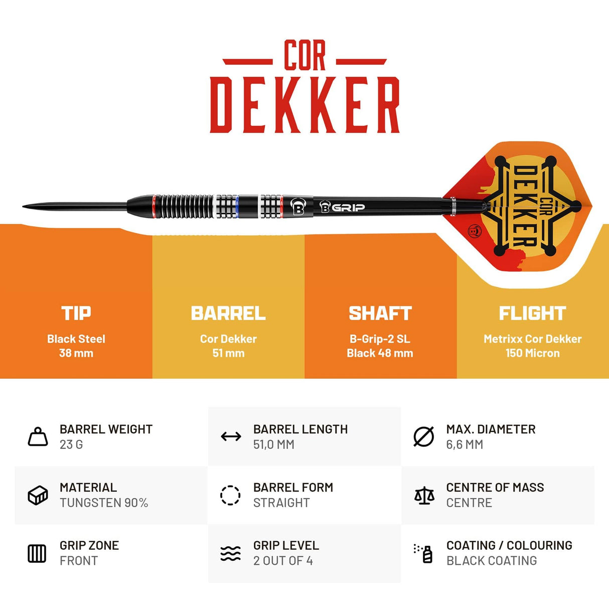BULL'S Cor Dekker Darts - Steel Tip - 90% Tungsten 23g