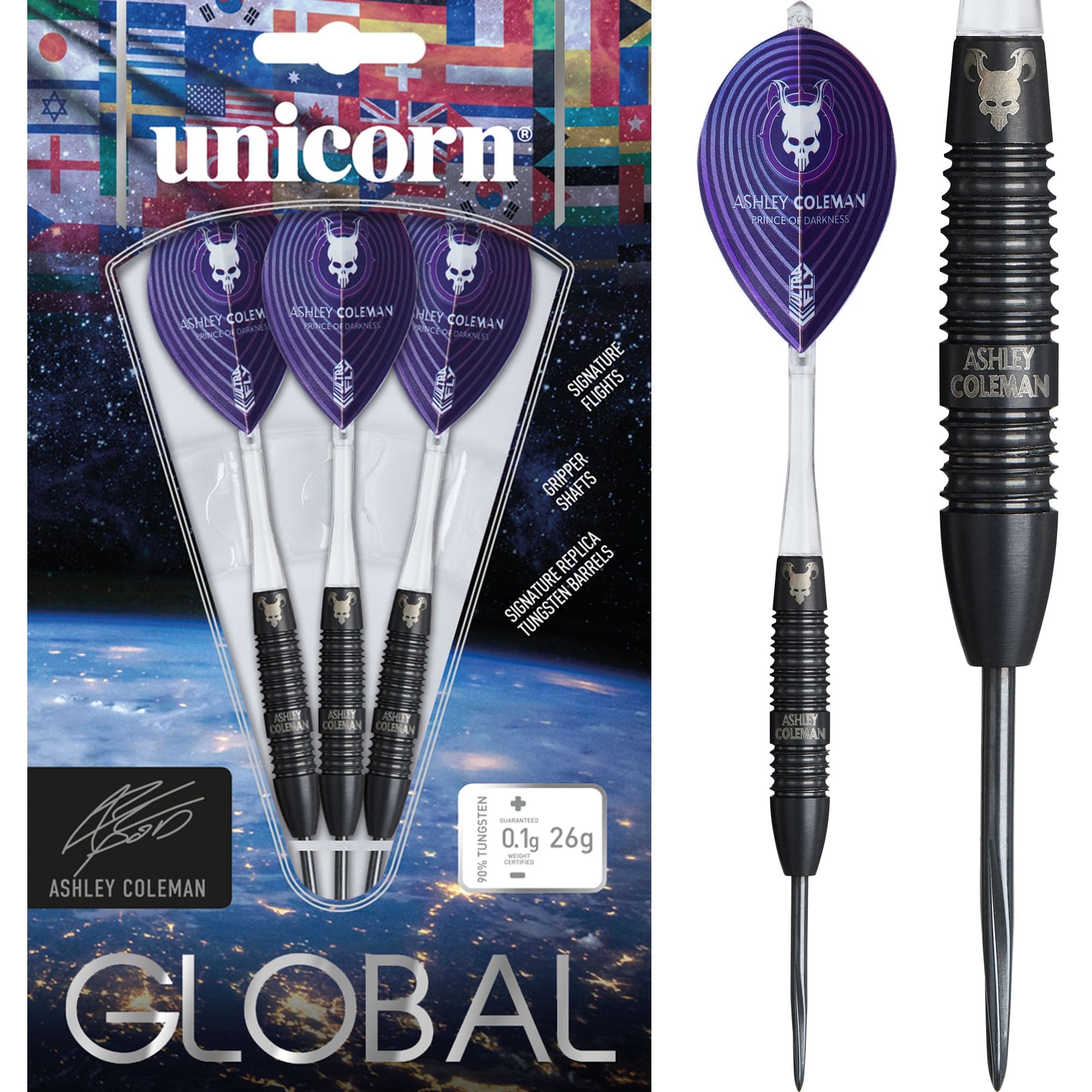 (美品)DARTSLIVE  Unicorn Global Darts - Steel Tip - 90% Tungsten - Ashley Coleman - 26g