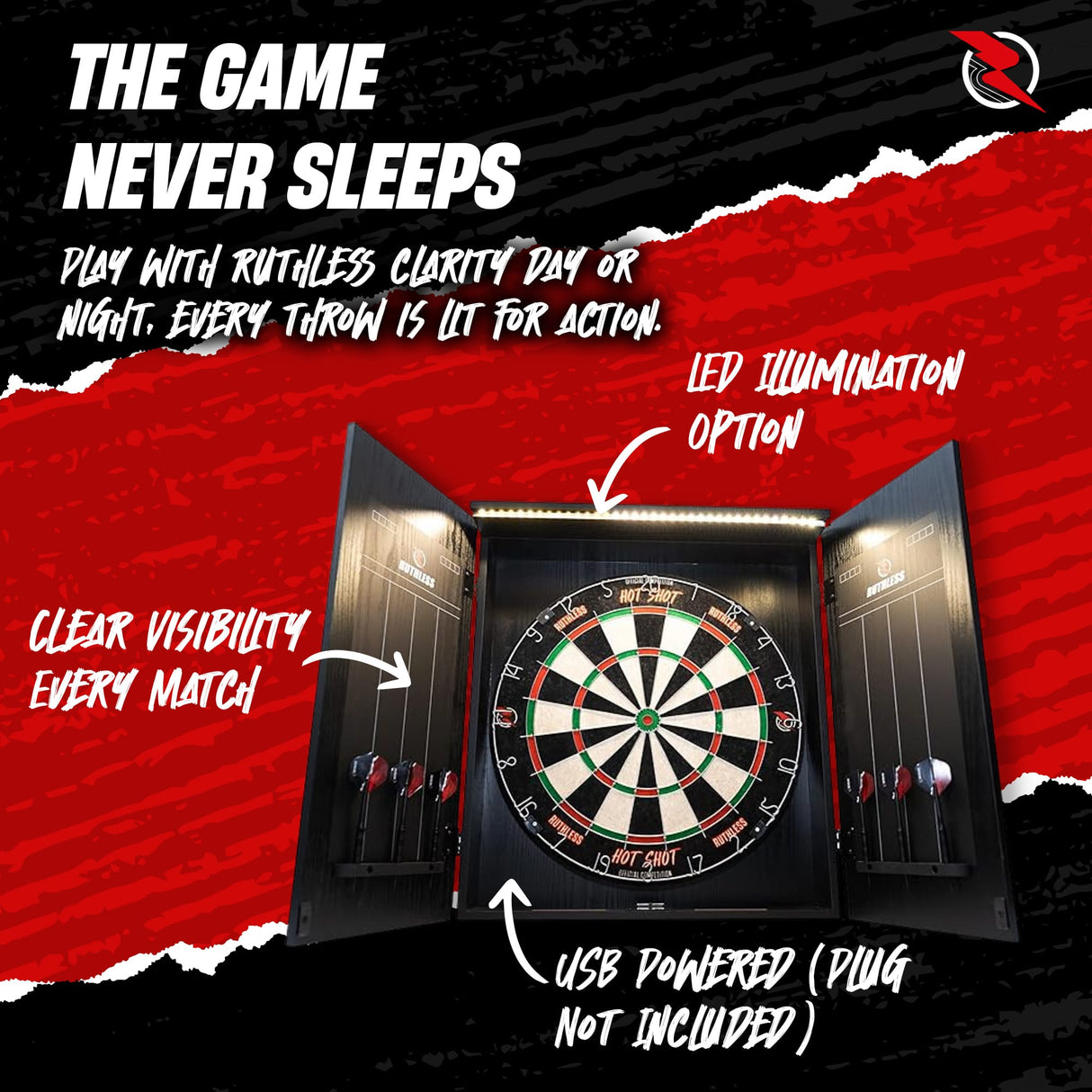 Ruthless Home Darts Centre - Cabinet with USB Light - Gorilla