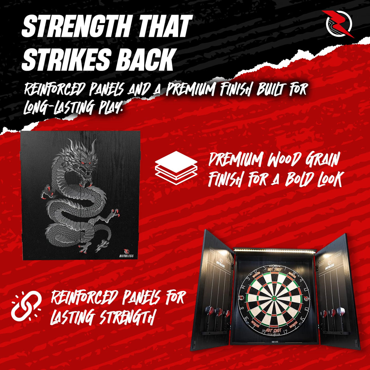 Ruthless Home Darts Centre - Cabinet with USB Light - Dragon