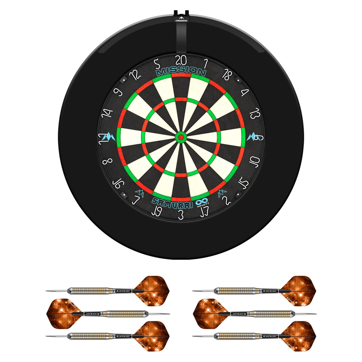 Mission Samurai Infinity Dartboard Set - Dart Board, Surround, Torus 100 Light & 2 sets of Brass Darts - Black