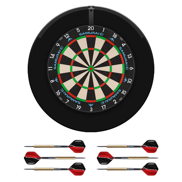 Mission Samurai 3 Dartboard Set - Dart Board, Black Surround, Torus 120 Light & 2 sets of Brass Darts