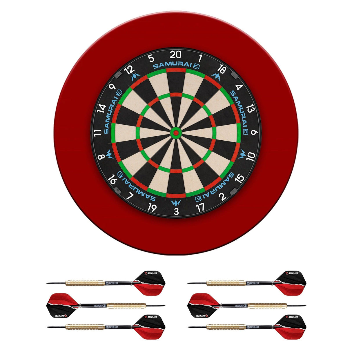 Mission Samurai 3 Dartboard Set - Dart Board, Red Surround & 2 sets of Brass Darts