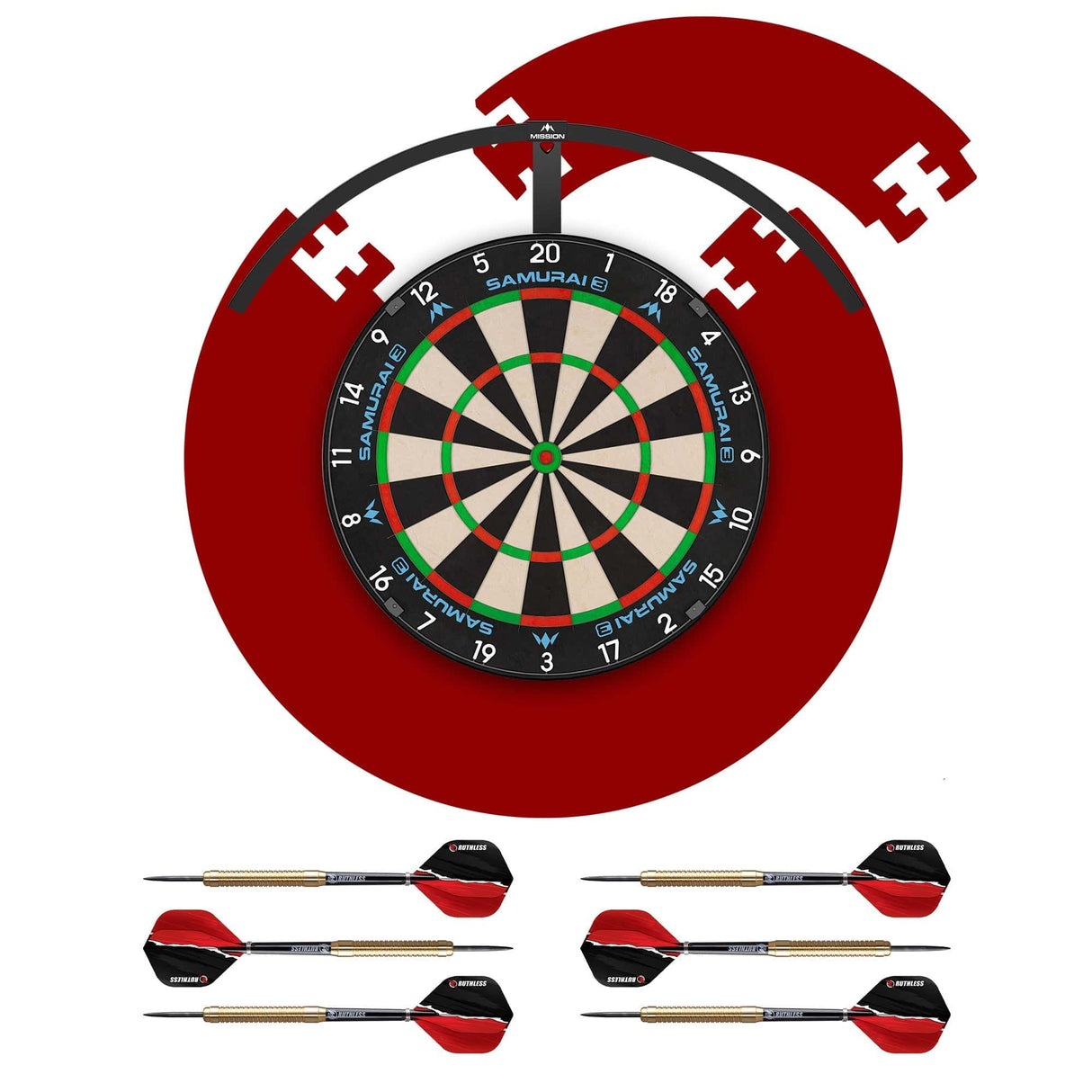 Mission Samurai 3 Dartboard Set - Dart Board, Red Jigsaw Surround, Torus 120 Light & 2 sets of Brass Darts