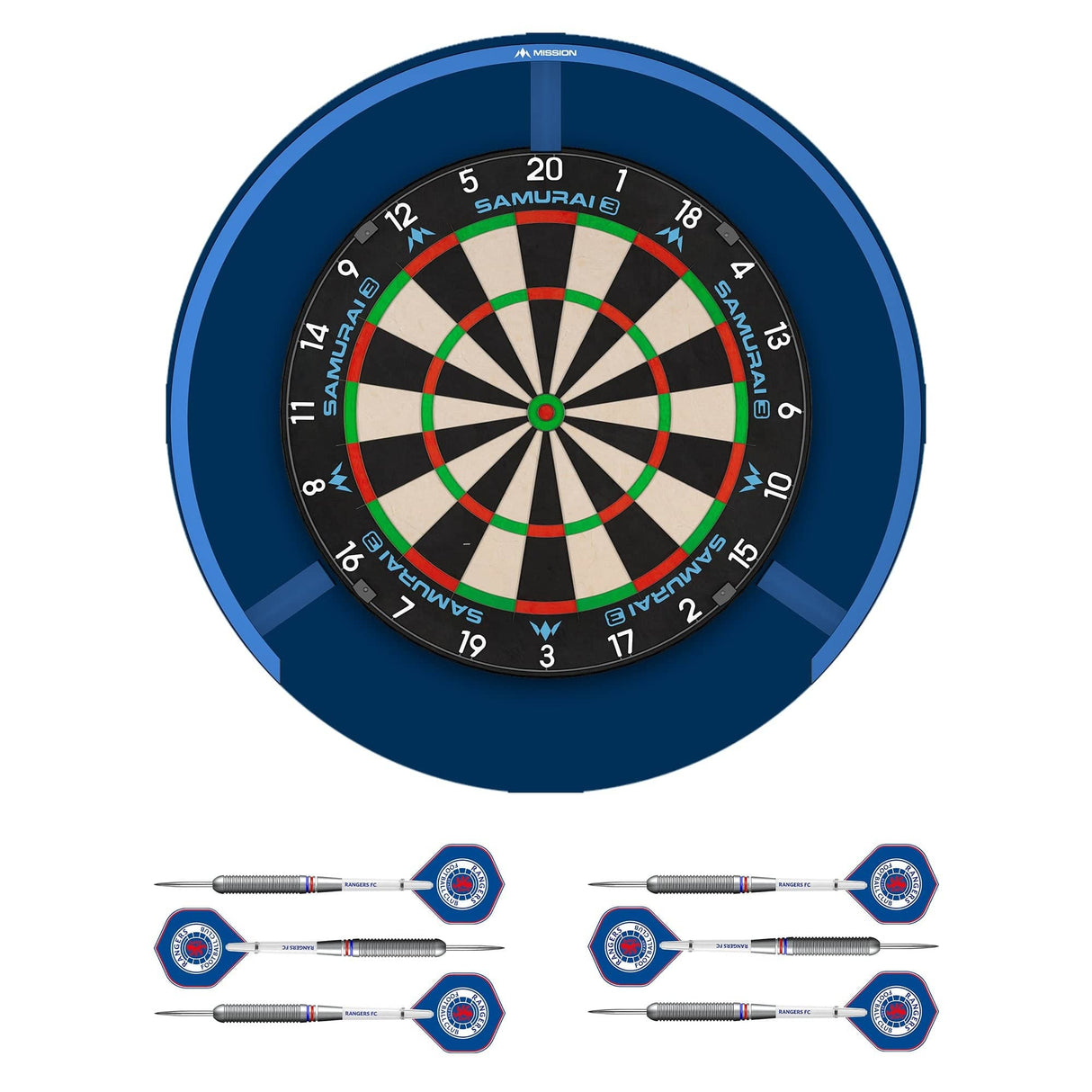 Mission Samurai 3 x Rangers Dartboard Set - Dart Board, Surround, Torus 270 Light & 2 sets of Brass Darts