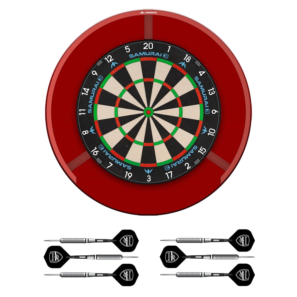 Mission Samurai 3 x Arsenal Dartboard Set - Dart Board, Surround, Torus 270 Light & 2 sets of Brass Darts