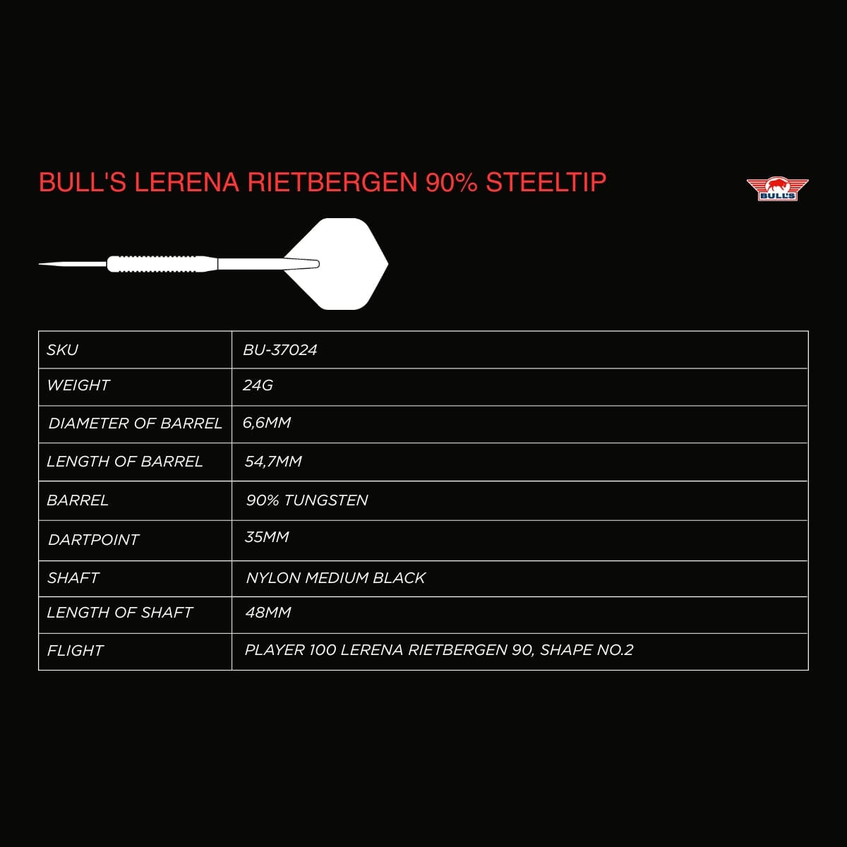 Bulls Lerena Rietbergen Darts - Steel Tip - 90% Tungsten 24g