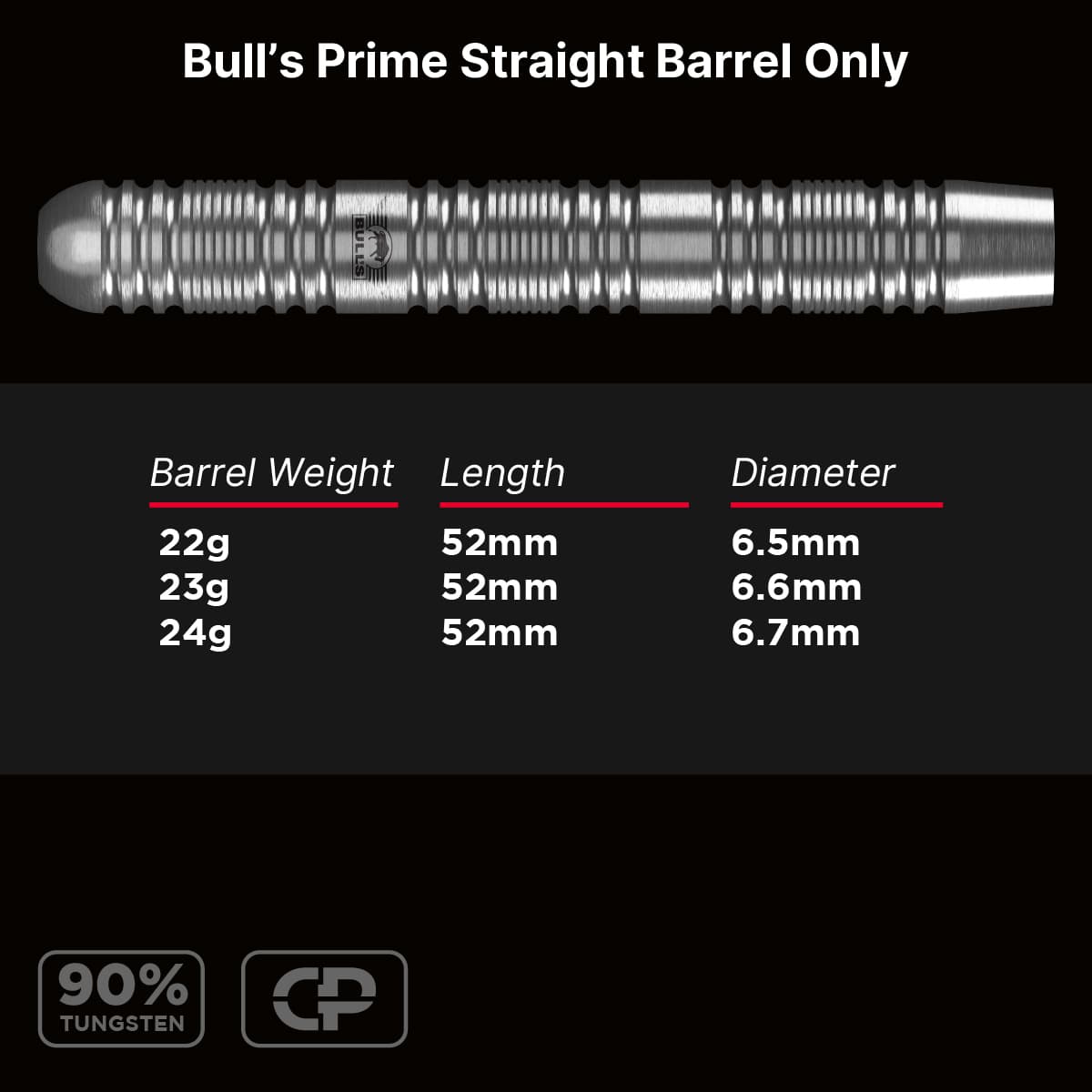 Bulls Prime CP Darts - Steel Tip - 90% Tungsten - Barrels Only - Straight