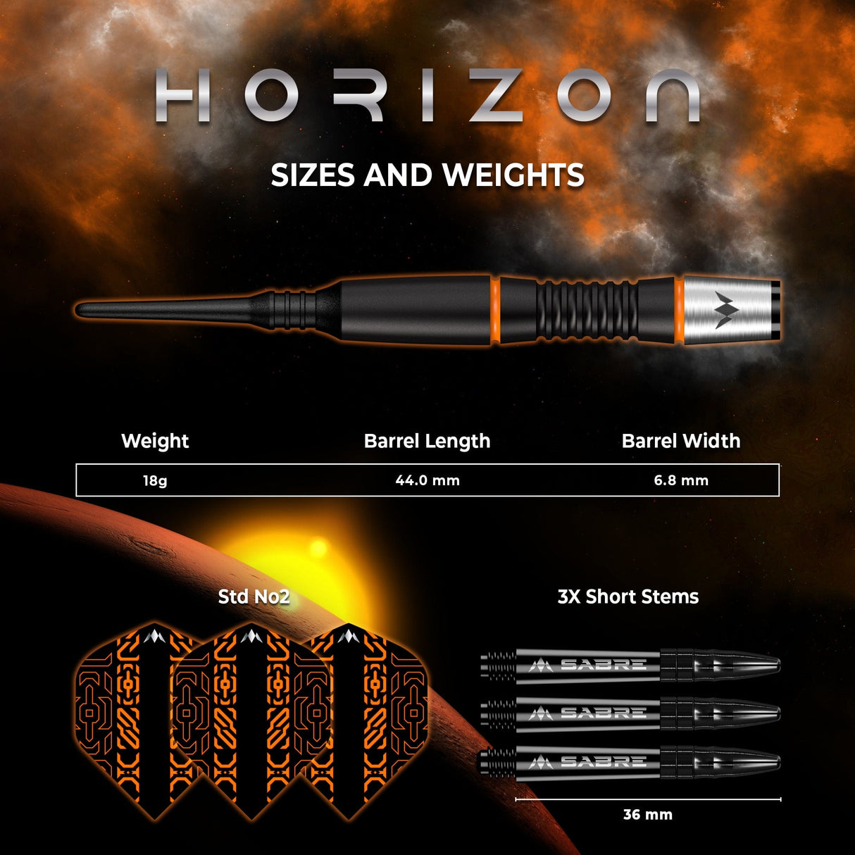 Mission Horizon Darts - Soft Tip - 95% Tungsten - Black PVD & Orange - 18g