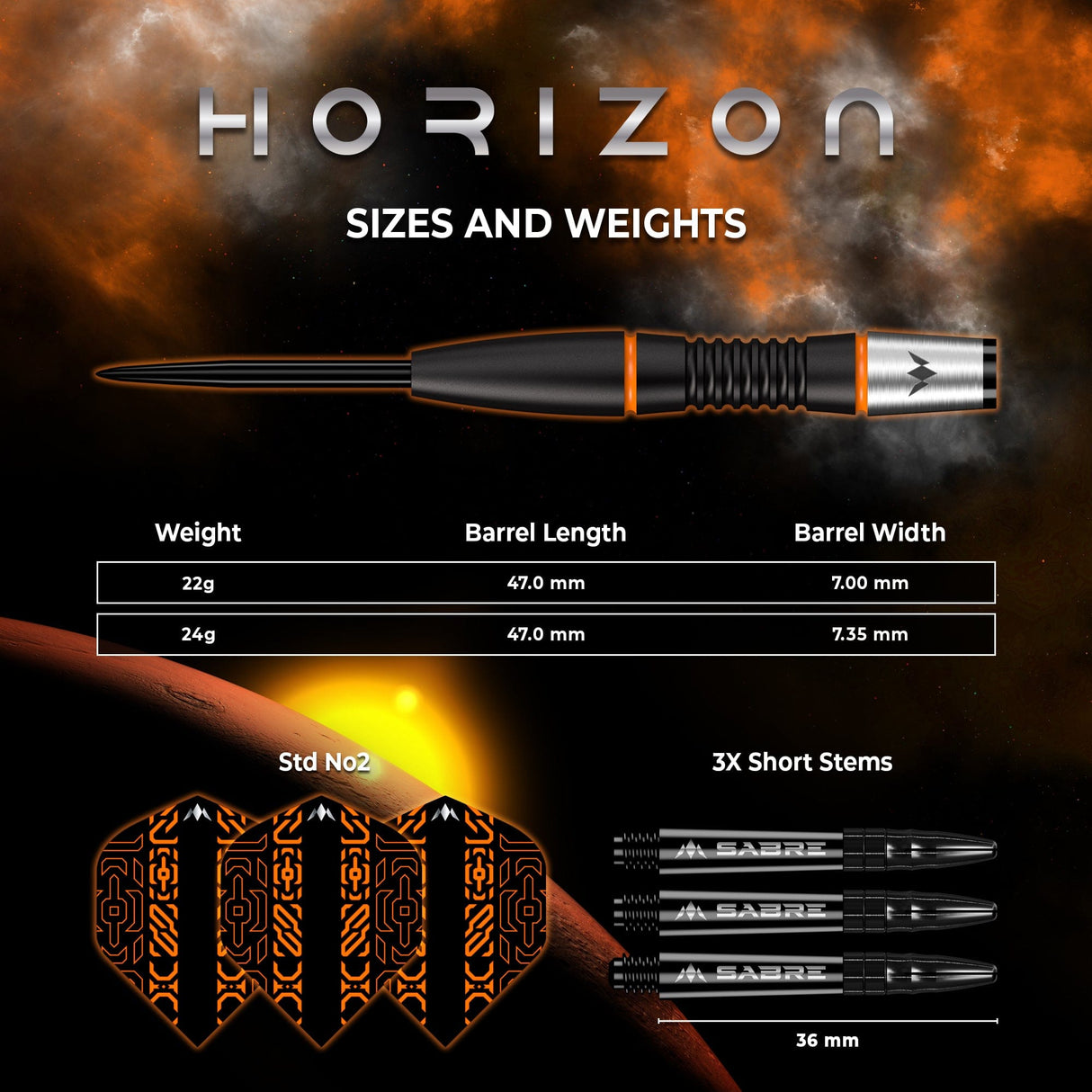 Mission Horizon Darts - Steel Tip - 95% Tungsten - Black PVD & Orange