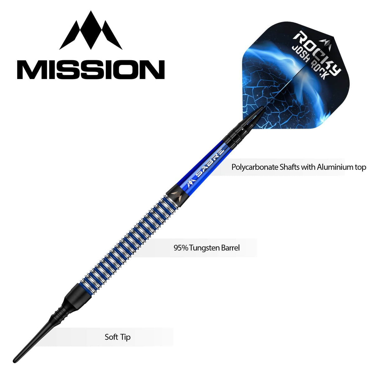 *Mission Josh Rock Darts v1 - Soft Tip - 95% - Rocky - Black & Blue - 18g 18g