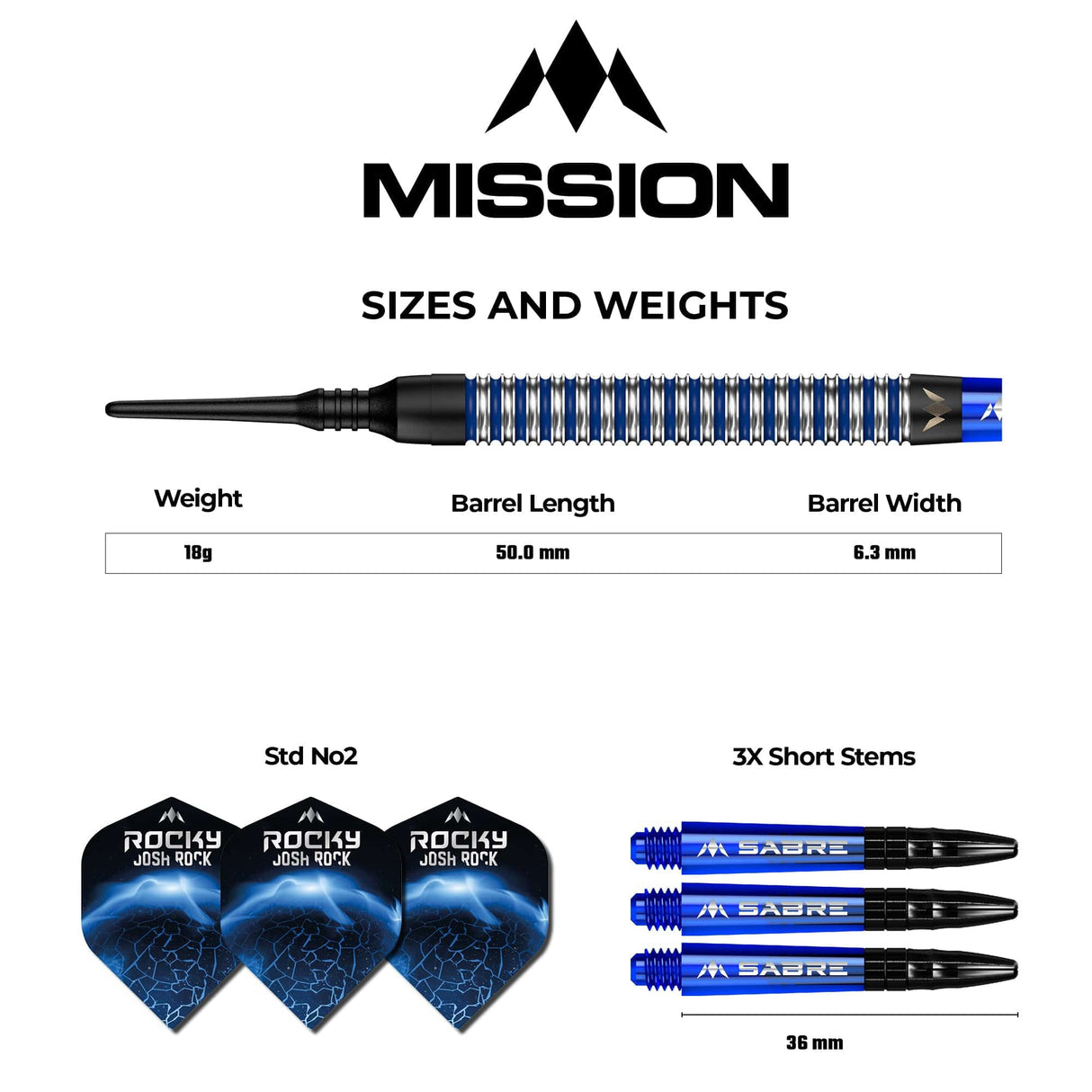 *Mission Josh Rock Darts v1 - Soft Tip - 95% - Rocky - Black & Blue - 18g 18g