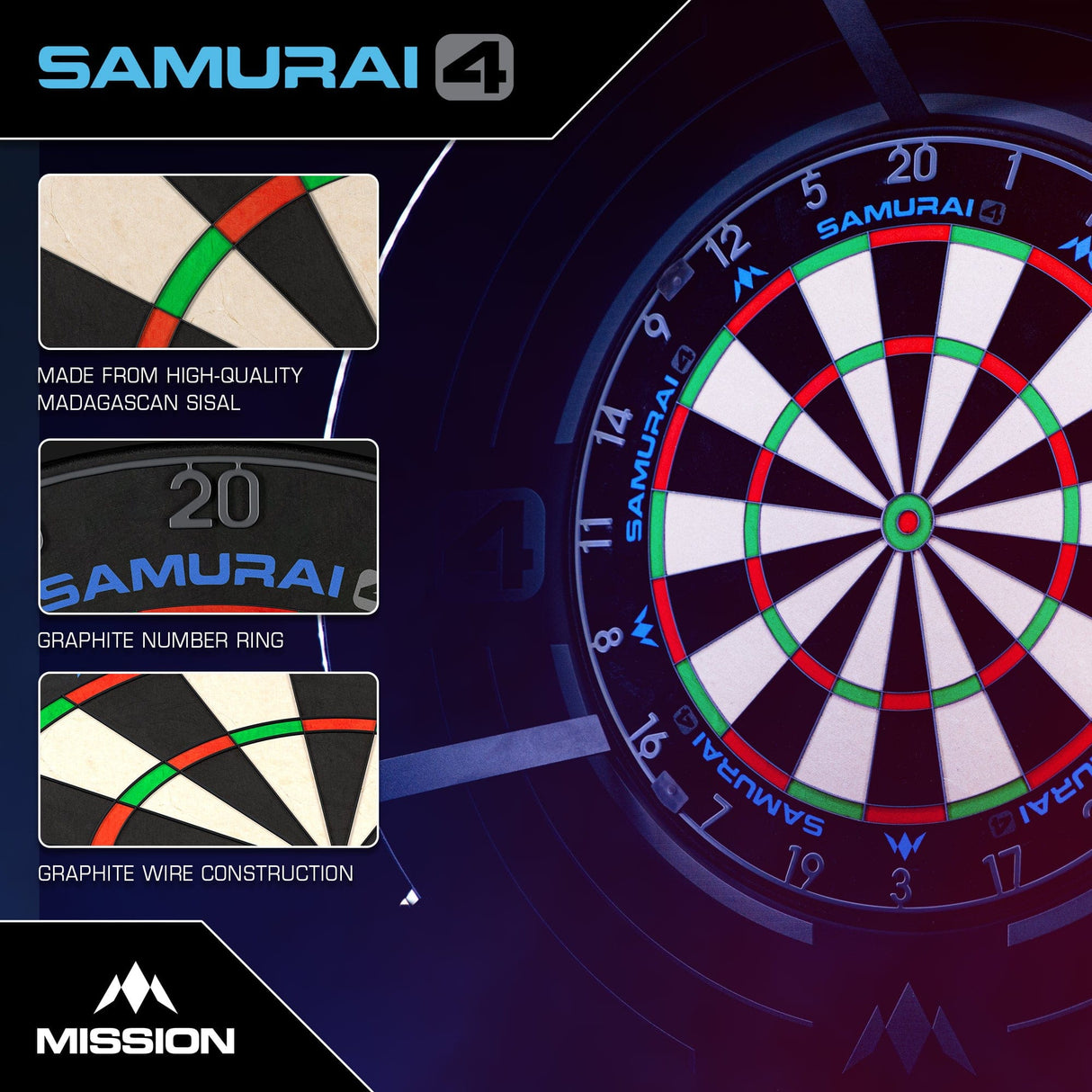 Mission Samurai 4 Dartboard - Professional - Knife Wire - Graphite Grey
