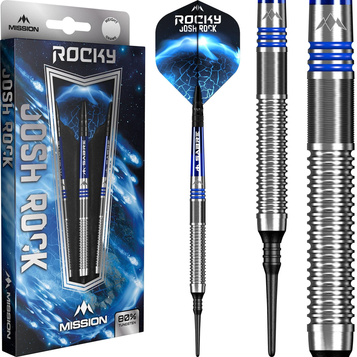 *Mission Josh Rock Darts - Soft Tip - 80% - Rocky - Silver & Blue 18g