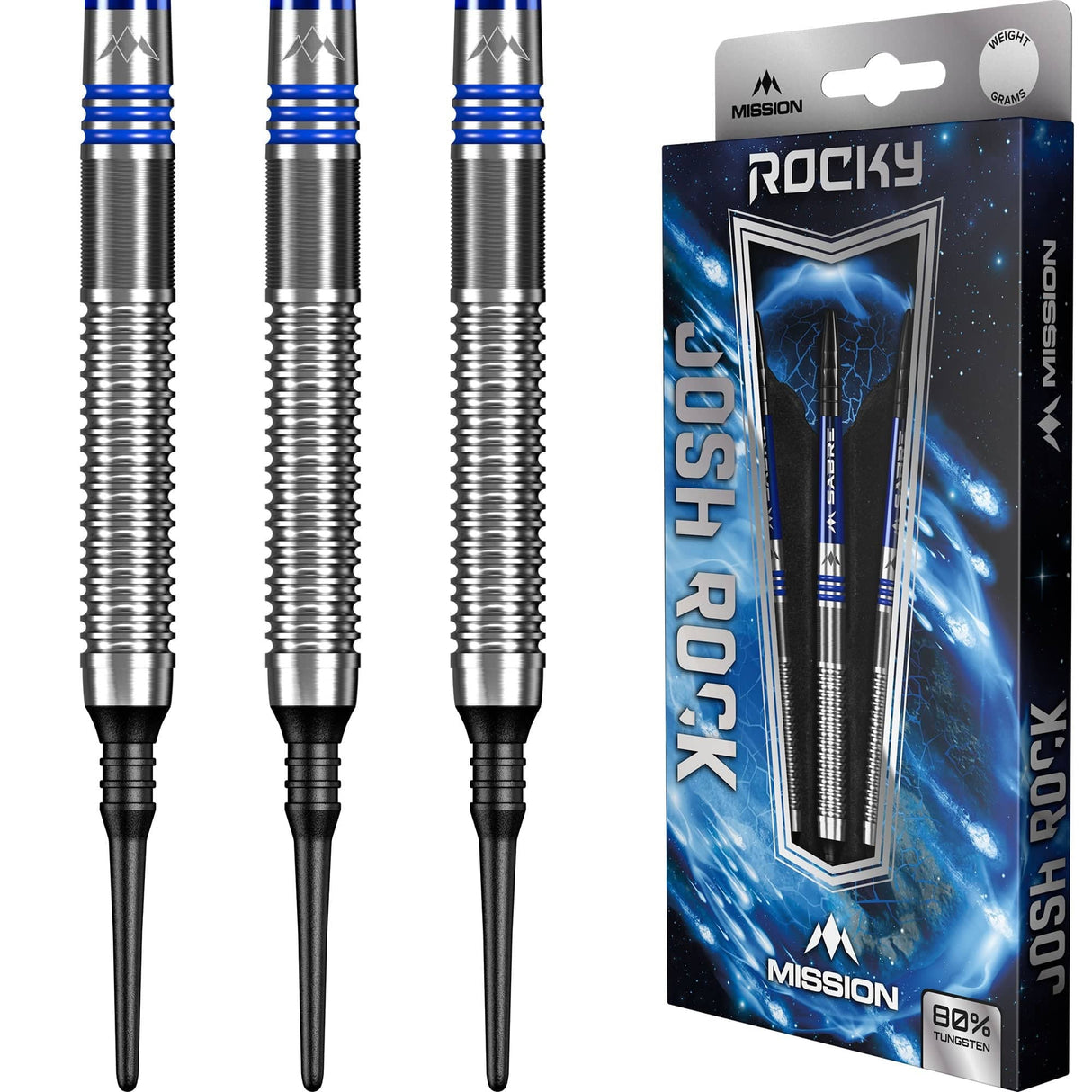 *Mission Josh Rock Darts - Soft Tip - 80% - Rocky - Silver & Blue 18g