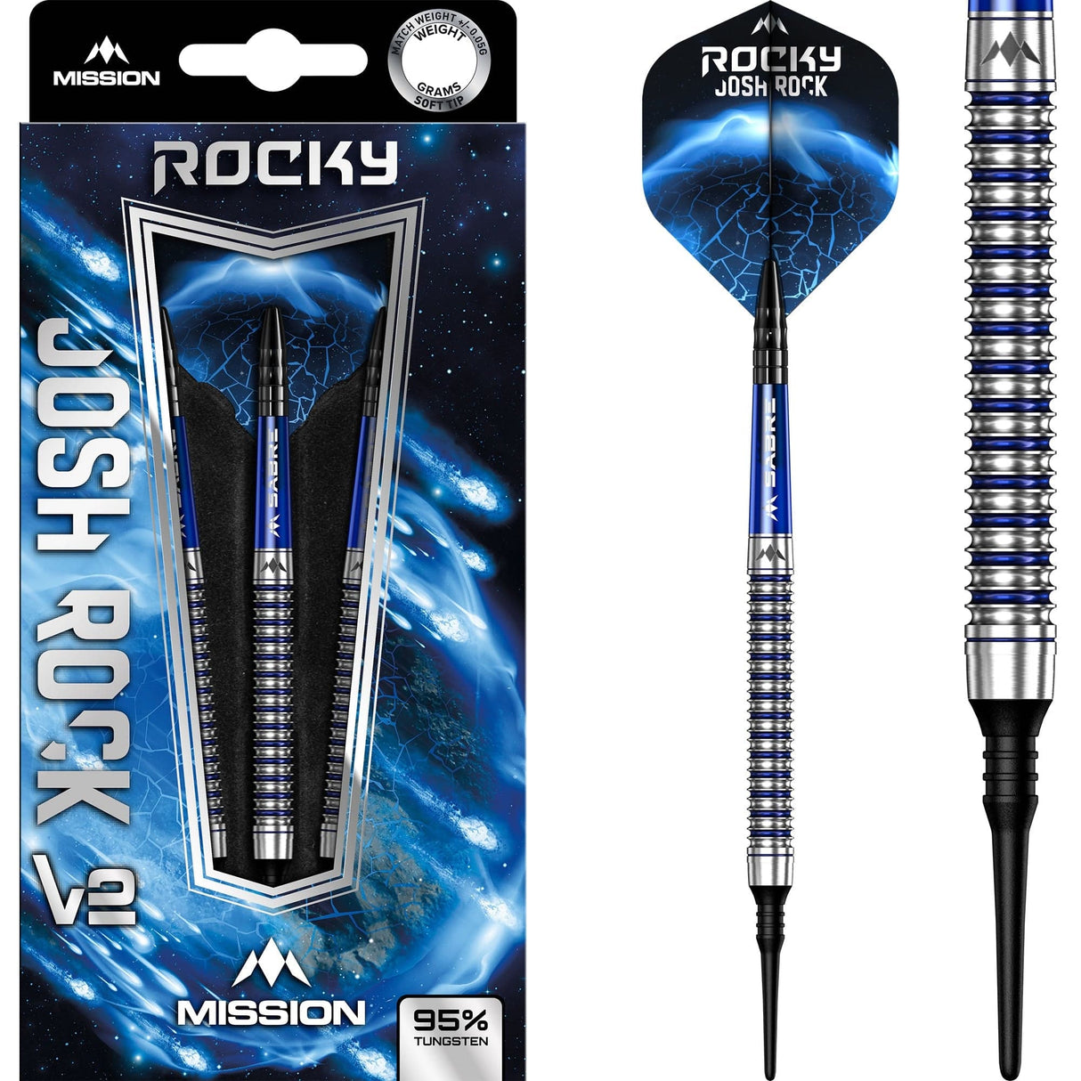 *Mission Josh Rock Darts v2 - Soft Tip - 95% - Rocky - Silver & Blue PVD 18g
