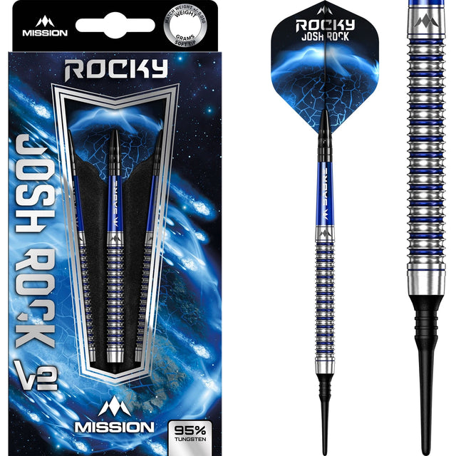 *Mission Josh Rock Darts v2 - Soft Tip - 95% - Rocky - Silver & Blue PVD 18g