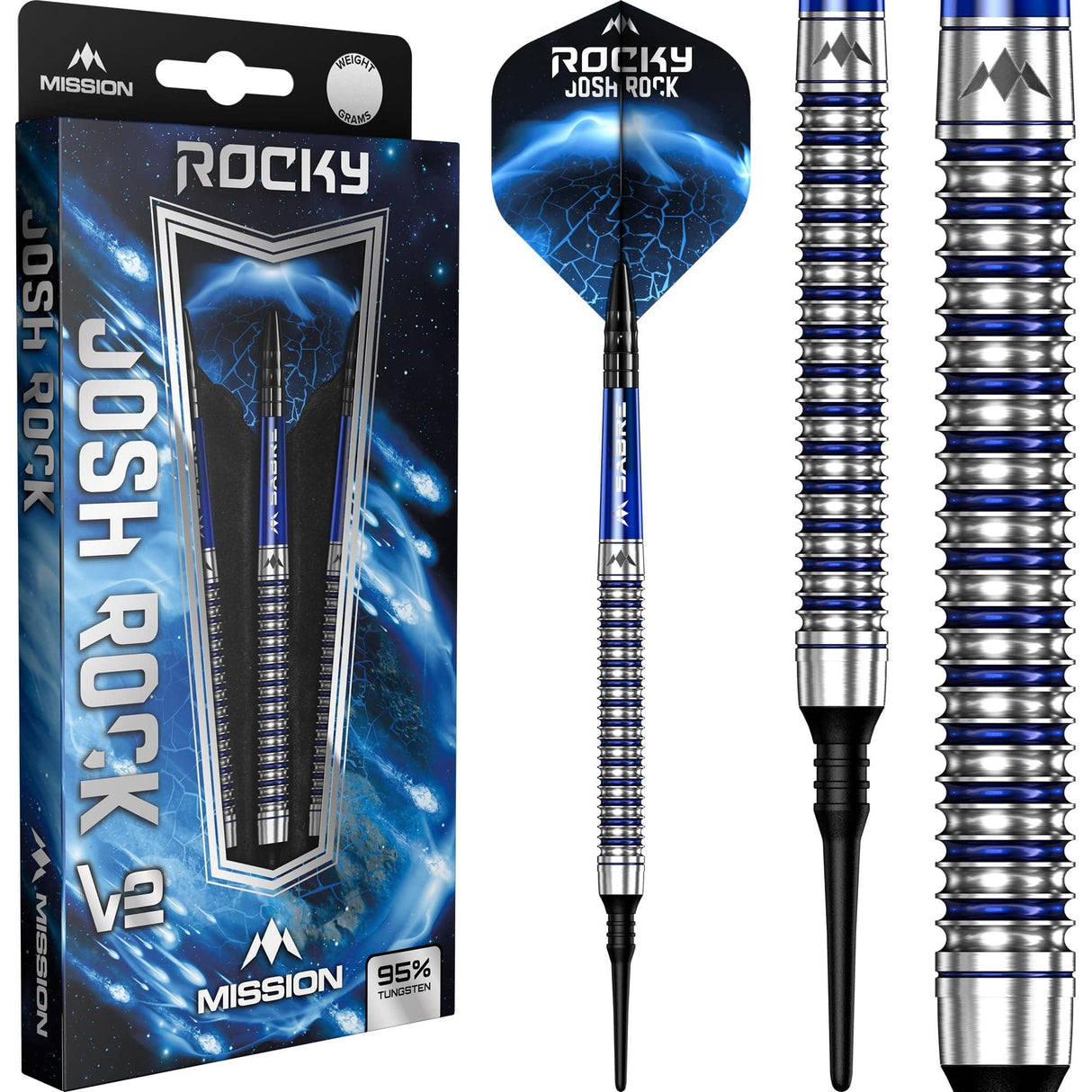 *Mission Josh Rock Darts v2 - Soft Tip - 95% - Rocky - Silver & Blue PVD 18g