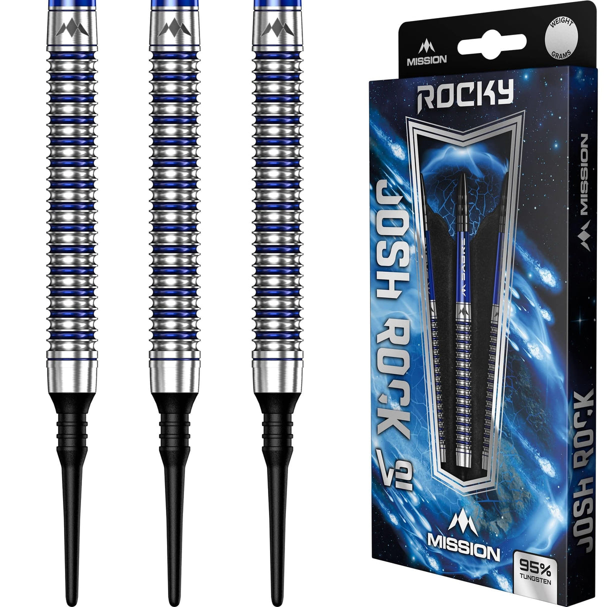 *Mission Josh Rock Darts v2 - Soft Tip - 95% - Rocky - Silver & Blue PVD 18g