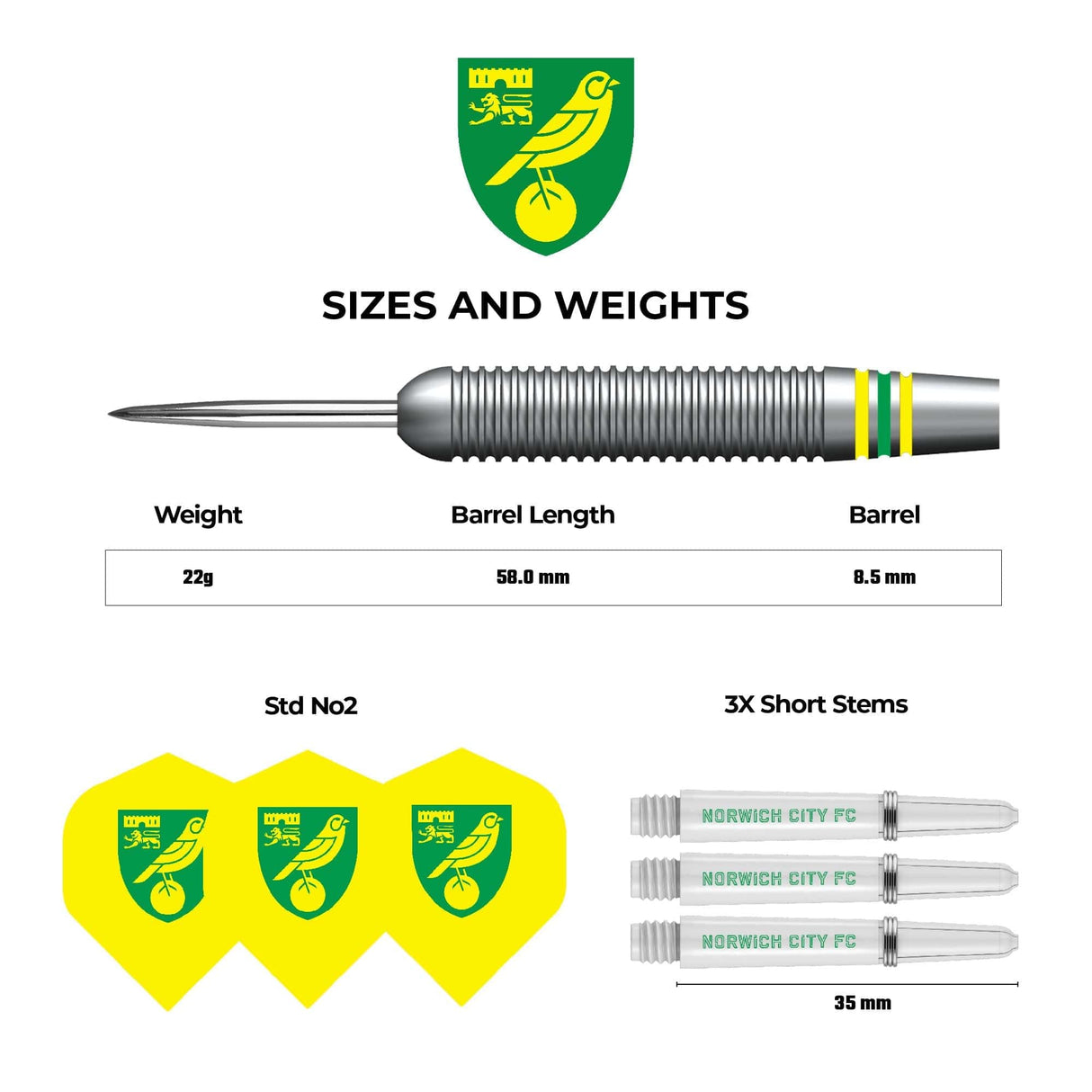 Norwich City FC - Official Licensed - The Canaries - Steel Tip Darts - Brass - 22g