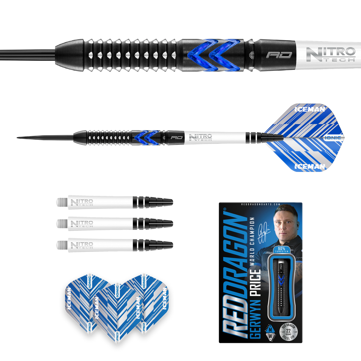 Red Dragon Gerwyn Price Darts - Steel Tip - 90% Tungsten - Ice Blue