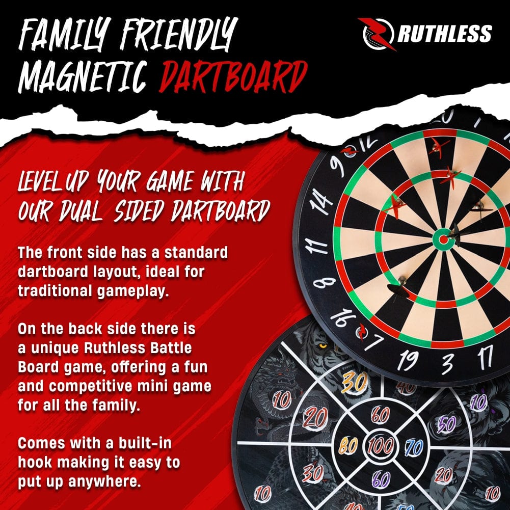 Ruthless Battle Board - Family Dartboard Game inc. 2 sets of darts - Two Sided - Magnetic & Paper