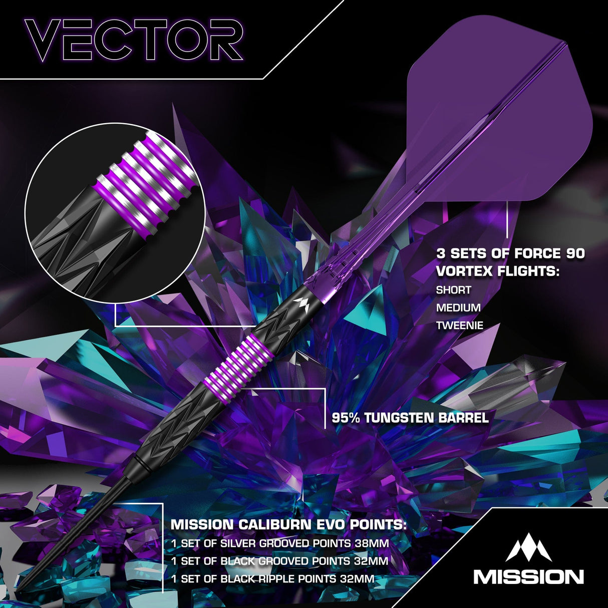 Mission Vector Darts - Steel Tip - 95% Tungsten - Black PVD & Purple Electro