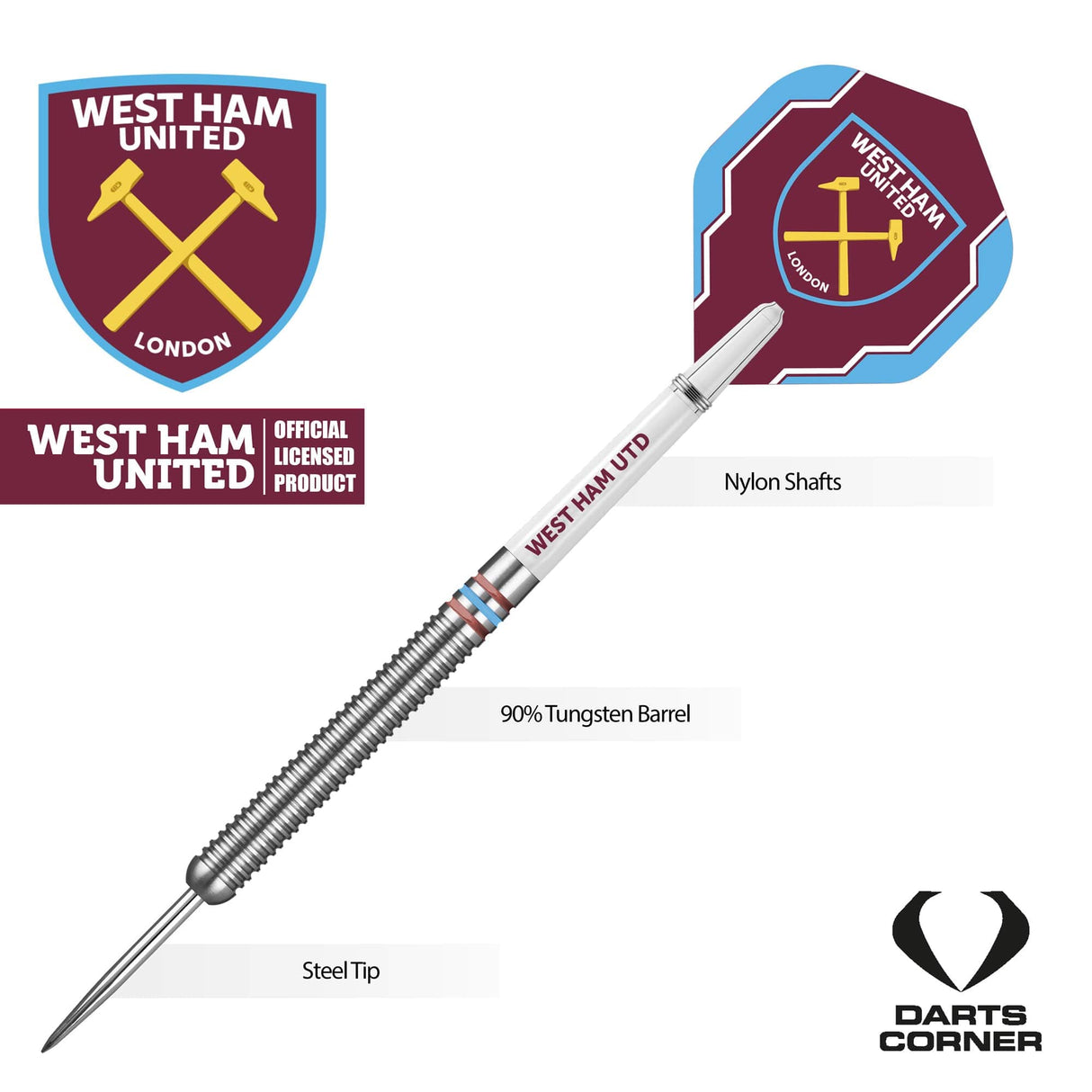 West Ham United FC - Official Licensed - Steel Tip Darts - Tungsten - 24g