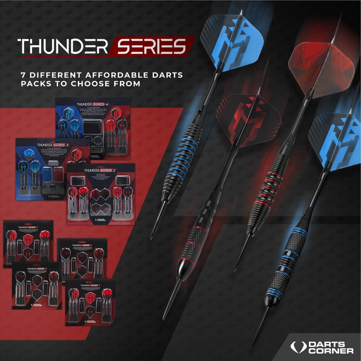 *Darts Corner - Thunder Series 3 - Steel Tip Brass - 4 Sets Darts - Blue & Red - 21g 22g 23g 24g 23g