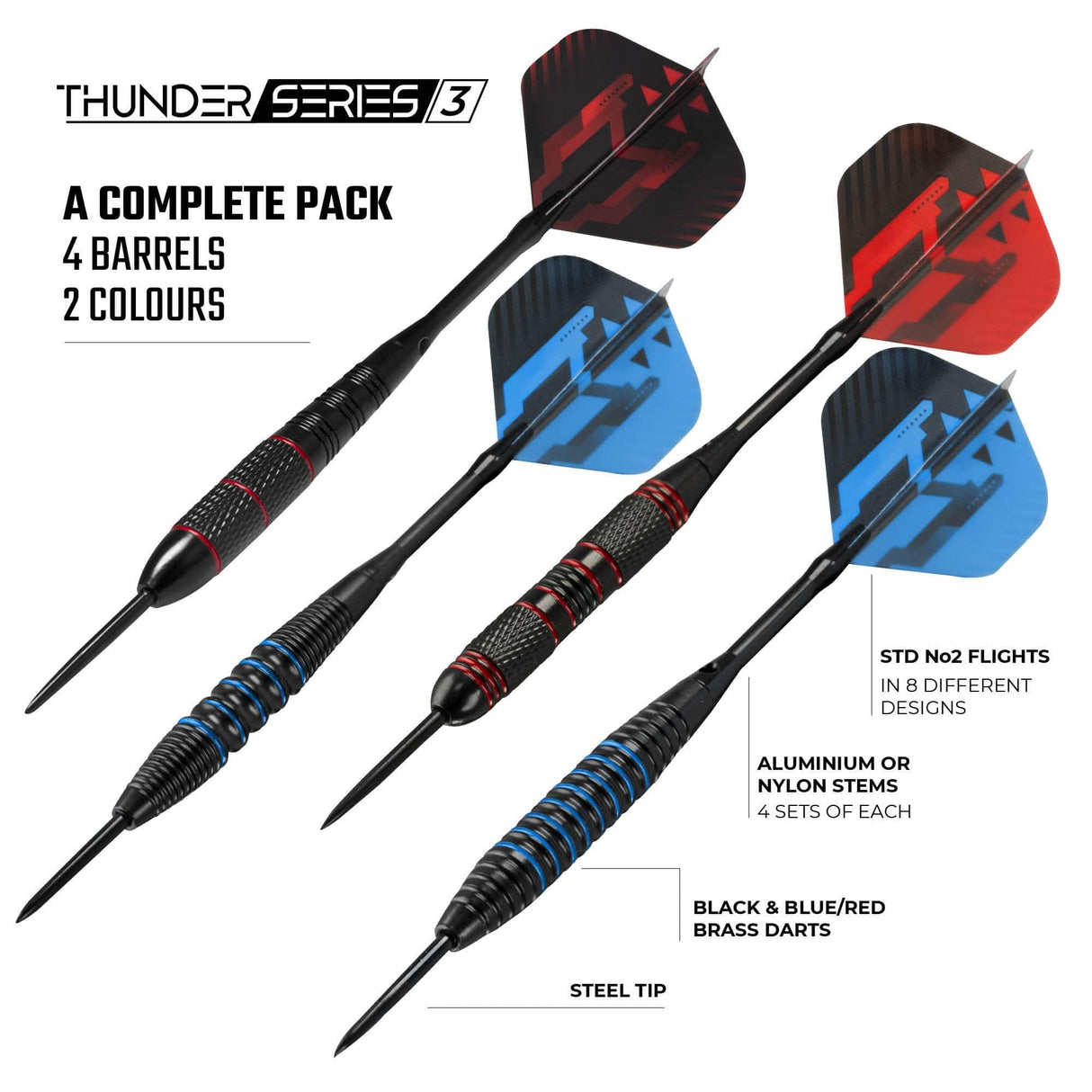*Darts Corner - Thunder Series 3 - Steel Tip Brass - 4 Sets Darts - Blue & Red - 21g 22g 23g 24g 23g