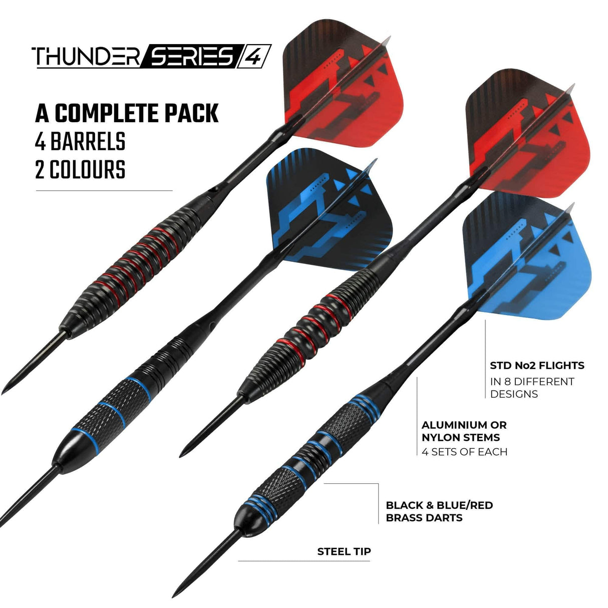 *Darts Corner - Thunder Series 4 - Steel Tip Brass - 4 Sets Darts - Blue & Red - 21g 22g 23g 24g 23g