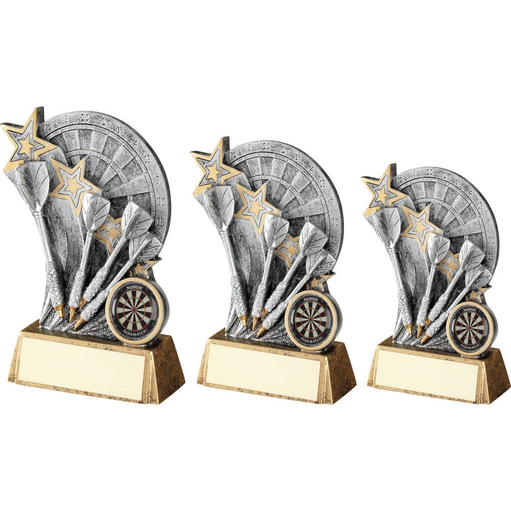 Dartboard with Darts on Bronze Base Darts Trophy - Pewter-Gold - 3 Sizes