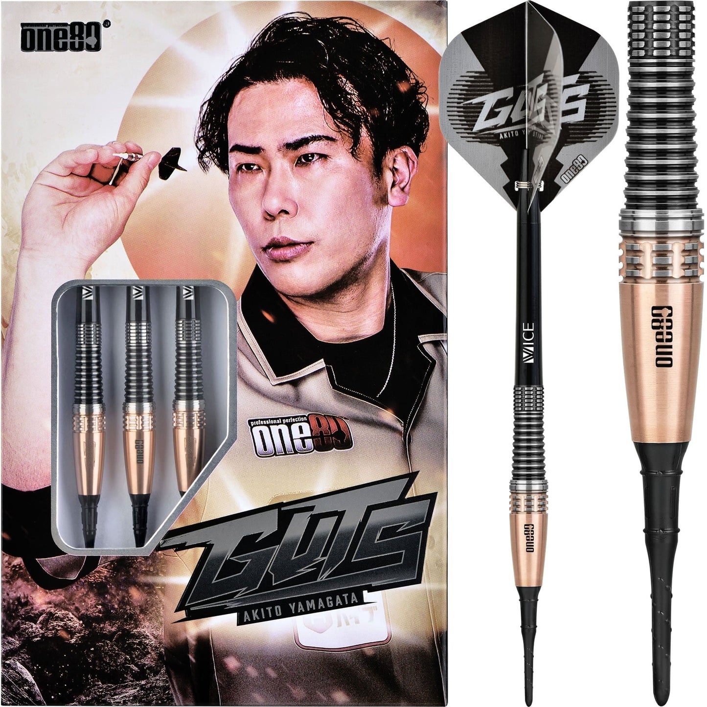 One80 Akito Yamagata Darts - Soft Tip - Guts - Signature Darts - Black & Gold 20g