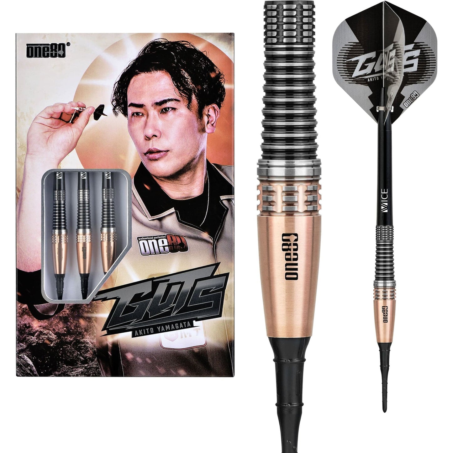 One80 Akito Yamagata Darts - Soft Tip - Guts - Signature Darts - Black & Gold 20g