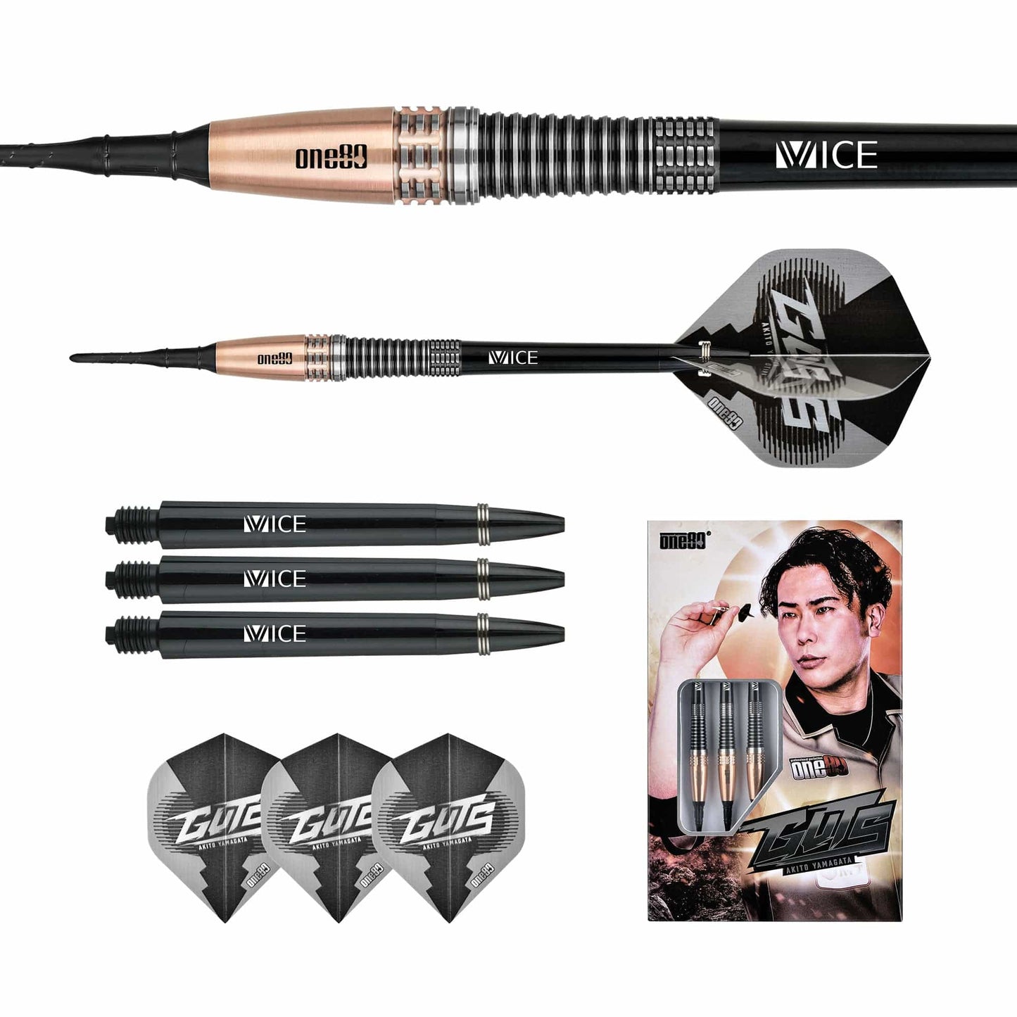 One80 Akito Yamagata Darts - Soft Tip - Guts - Signature Darts - Black & Gold 20g
