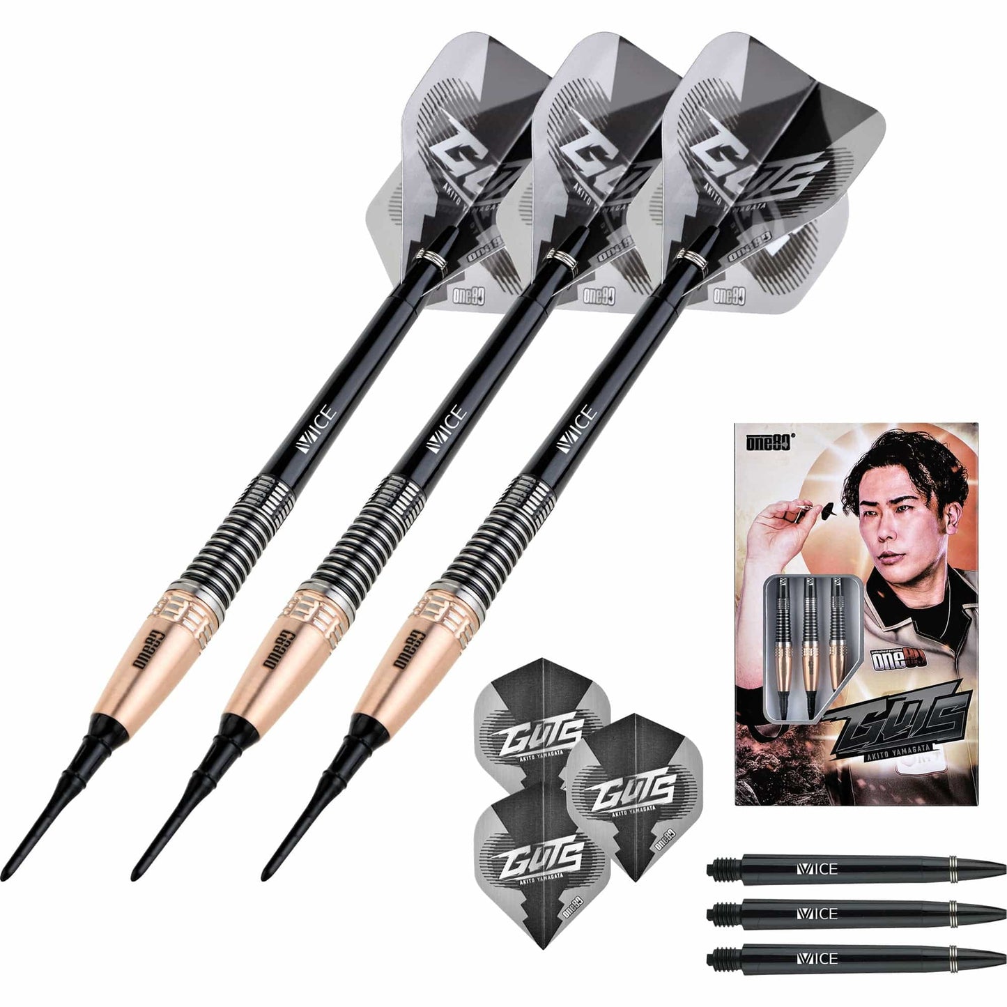 One80 Akito Yamagata Darts - Soft Tip - Guts - Signature Darts - Black & Gold 20g