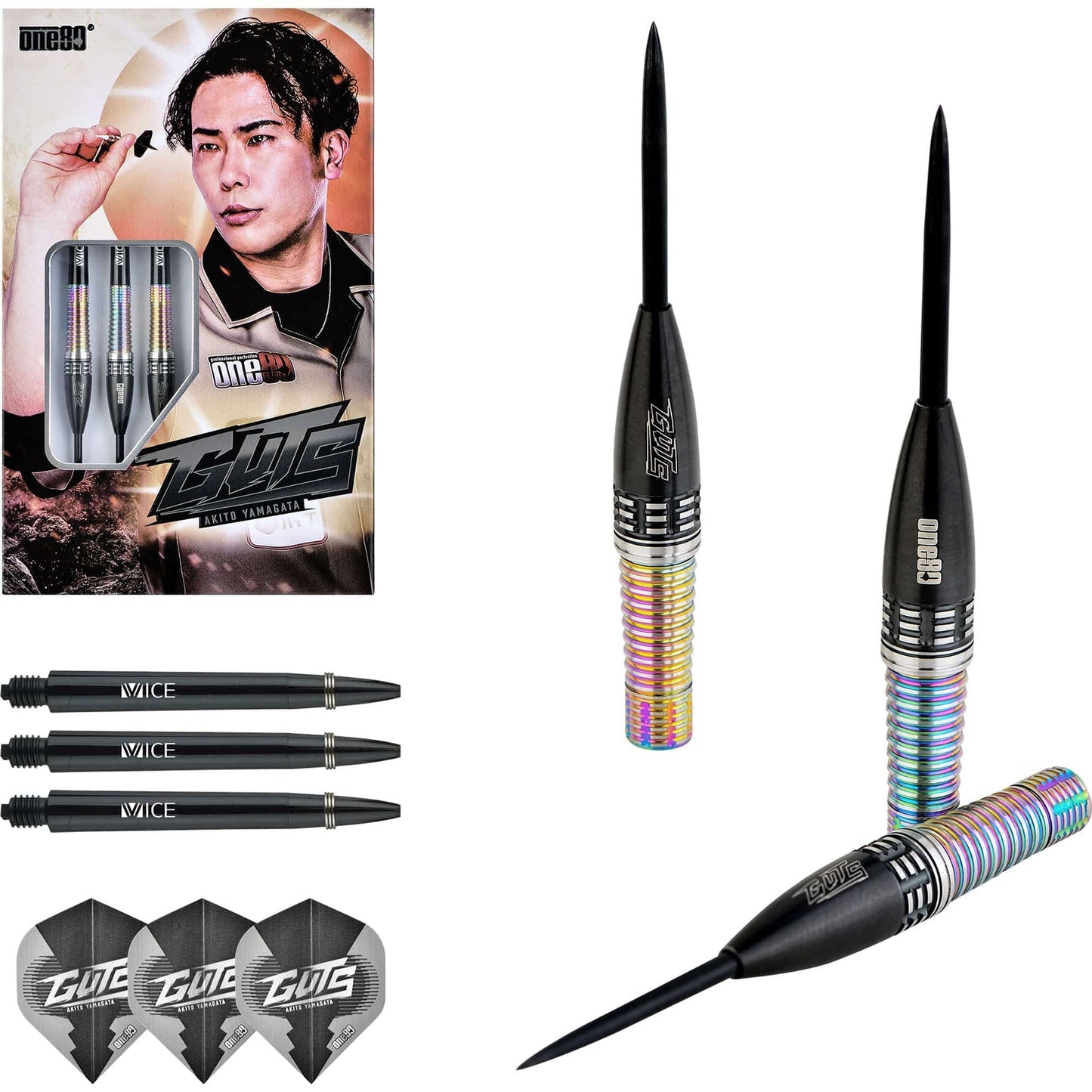 One80 Akito Yamagata Darts - Steel Tip - Guts - Signature Darts - Black & Chameleon 21g