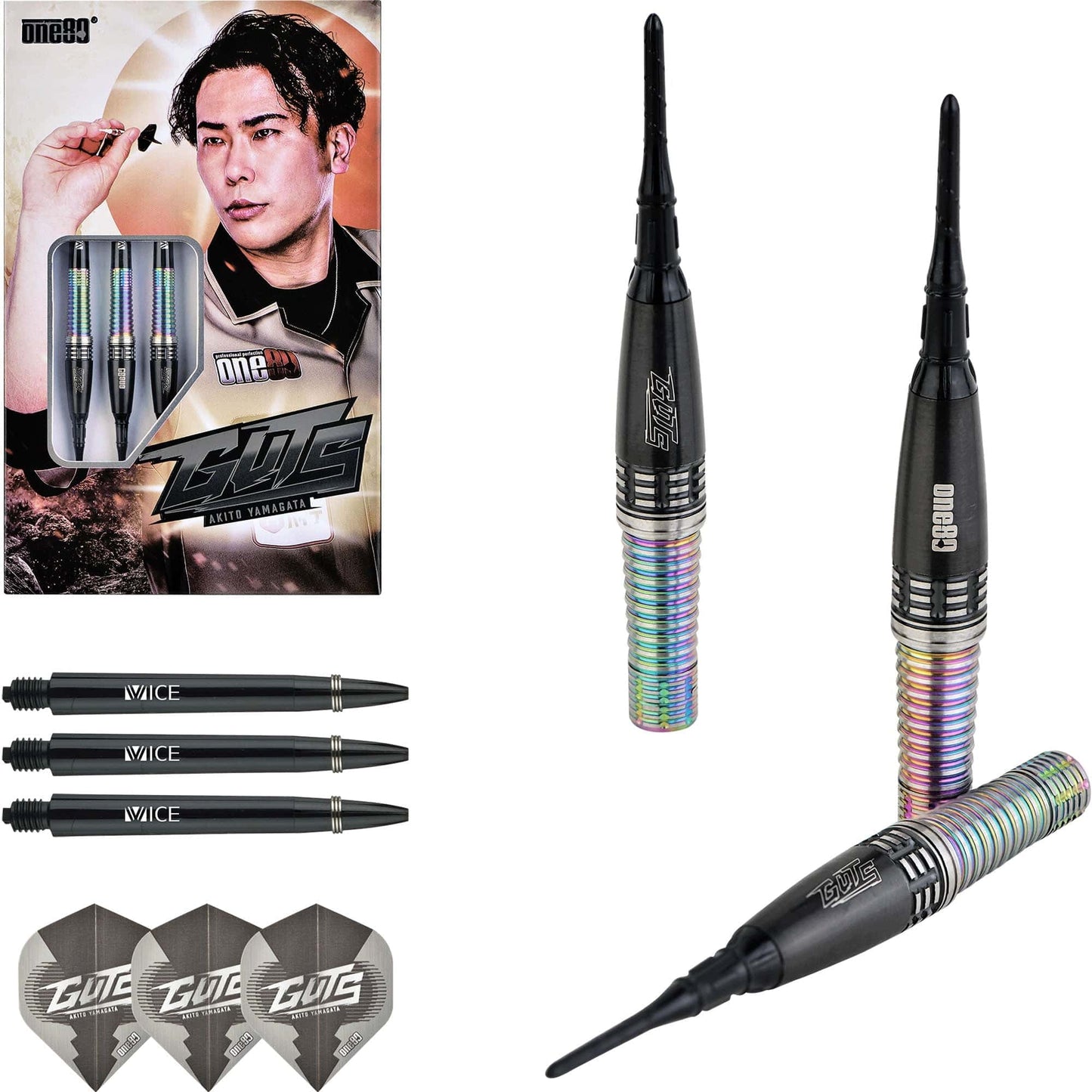 One80 Akito Yamagata Darts - Soft Tip - Guts - Signature Darts - Black & Chameleon 18g
