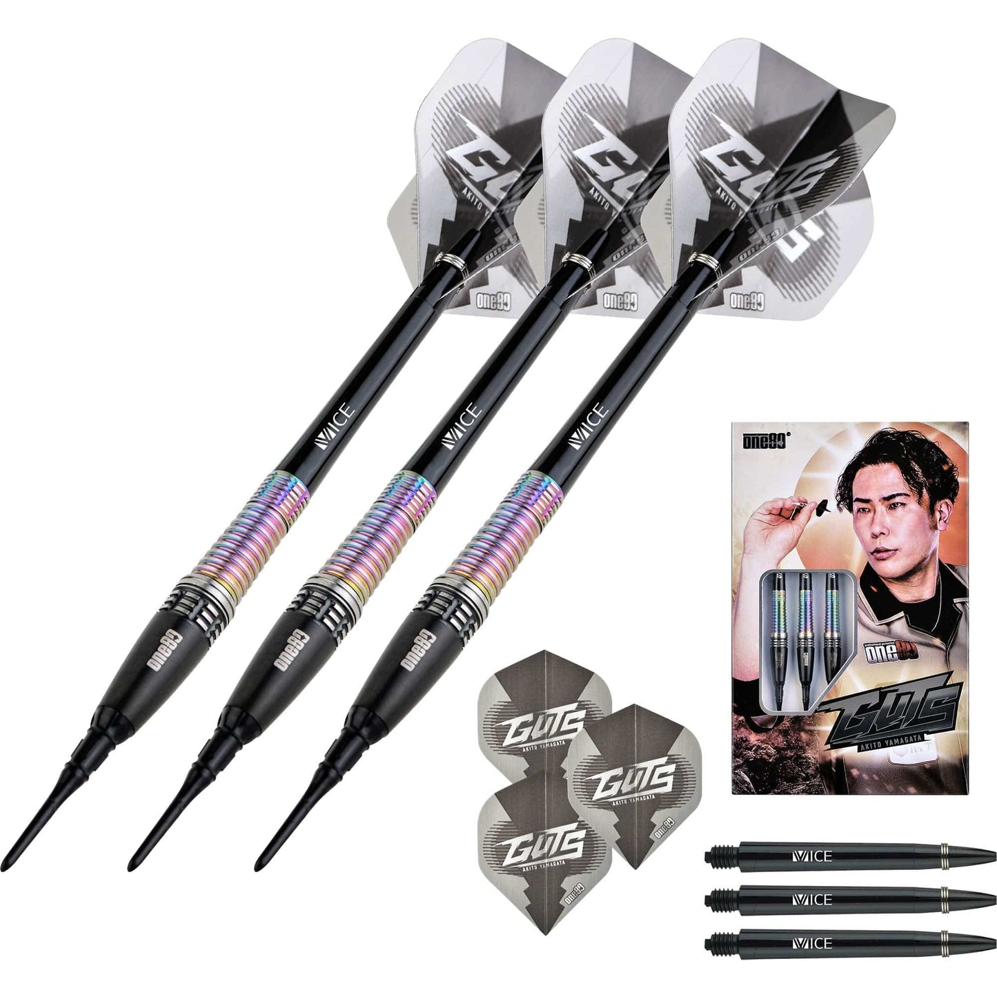 One80 Akito Yamagata Darts - Soft Tip - Guts - Signature Darts - Black & Chameleon 18g