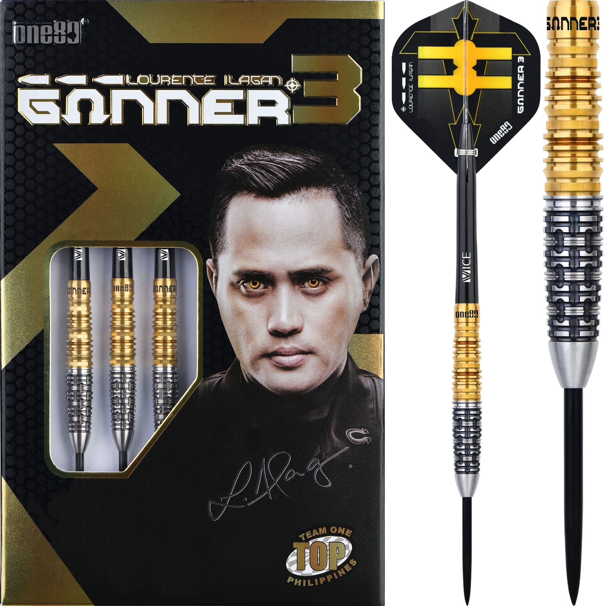 One80 Gunner III Darts - Steel Tip - Lourence Ilagan - Black & Gold One80 Gunner III Darts - Steel Tip - Lourence Ilagan - Black & Gold