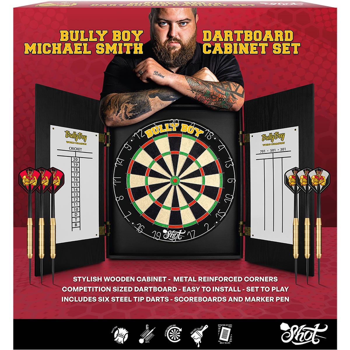 Shot Michael Smith Dartboard Cabinet Set - inc 2 Sets Darts - Bully Boy
