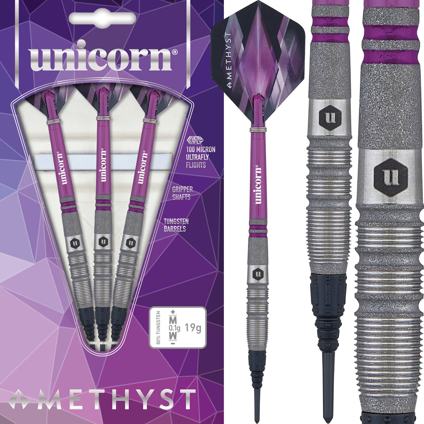Unicorn Amethyst Darts - Soft Tip - Utech - Style 3 - Sandblasted 19g