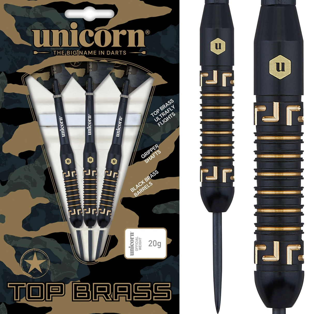 Unicorn Top Brass Darts - Steel Tip - Style 1 - Black & Gold 20g