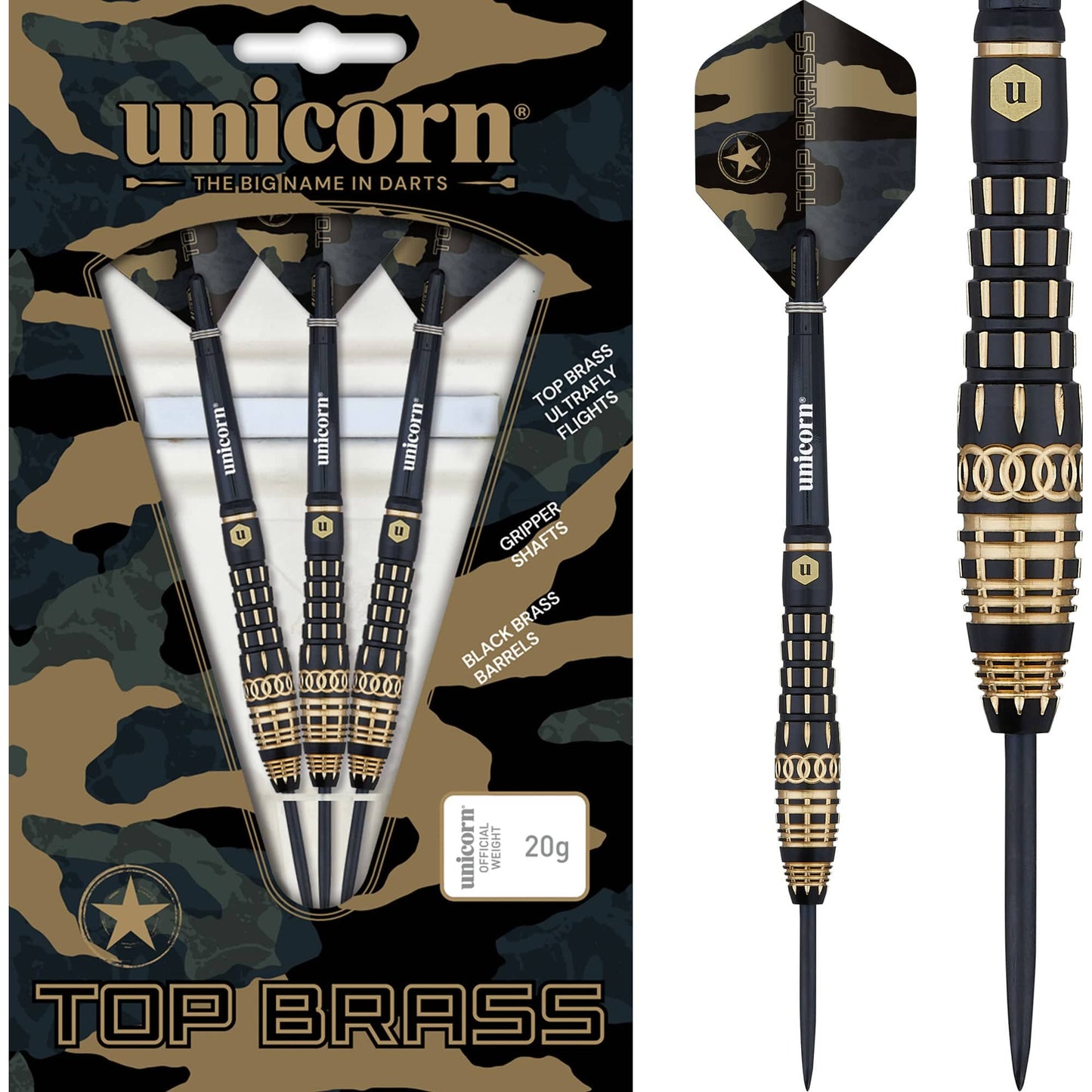 Unicorn Top Brass Darts - Steel Tip - Style 4 - Black & Gold 20g