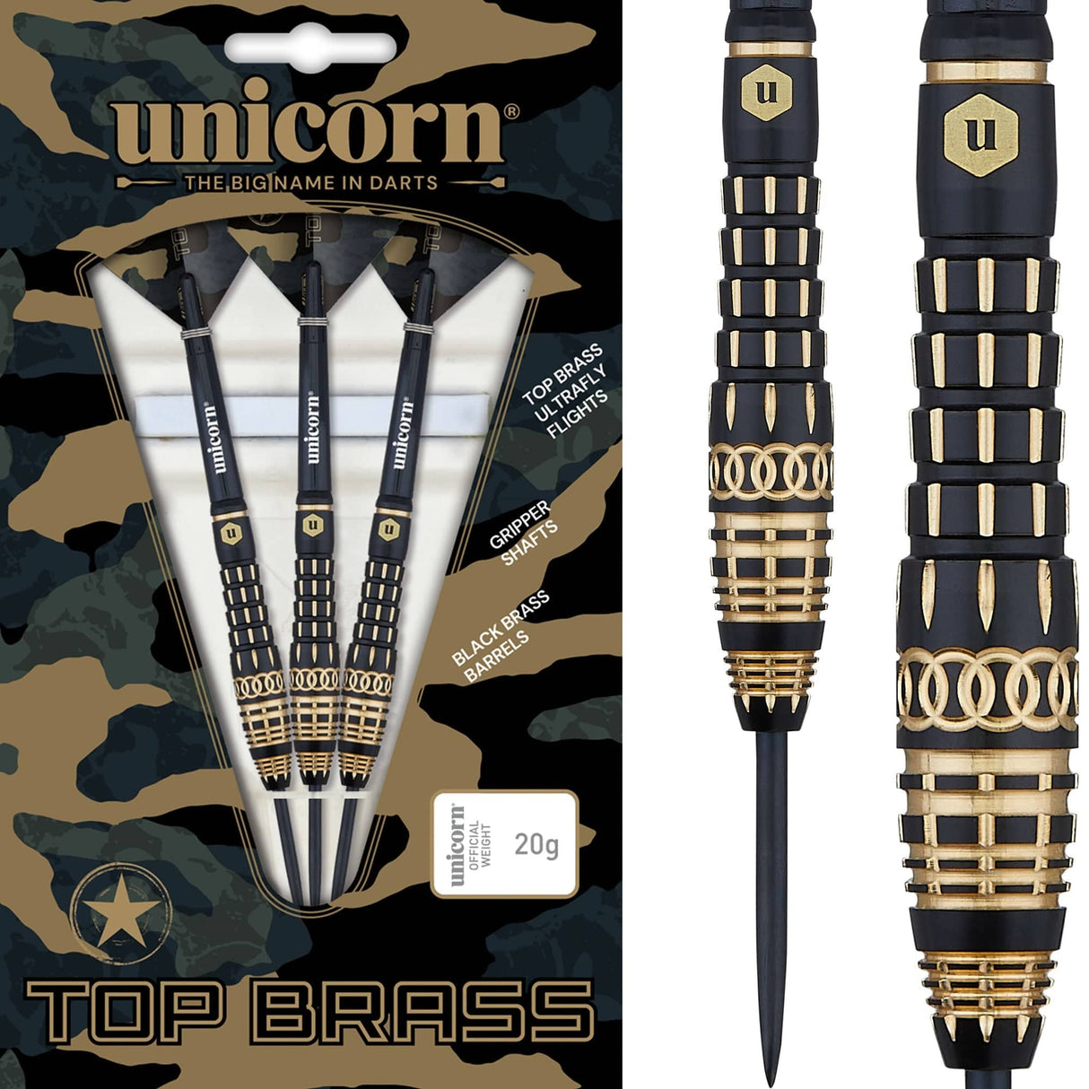 Unicorn Top Brass Darts - Steel Tip - Style 4 - Black & Gold 20g