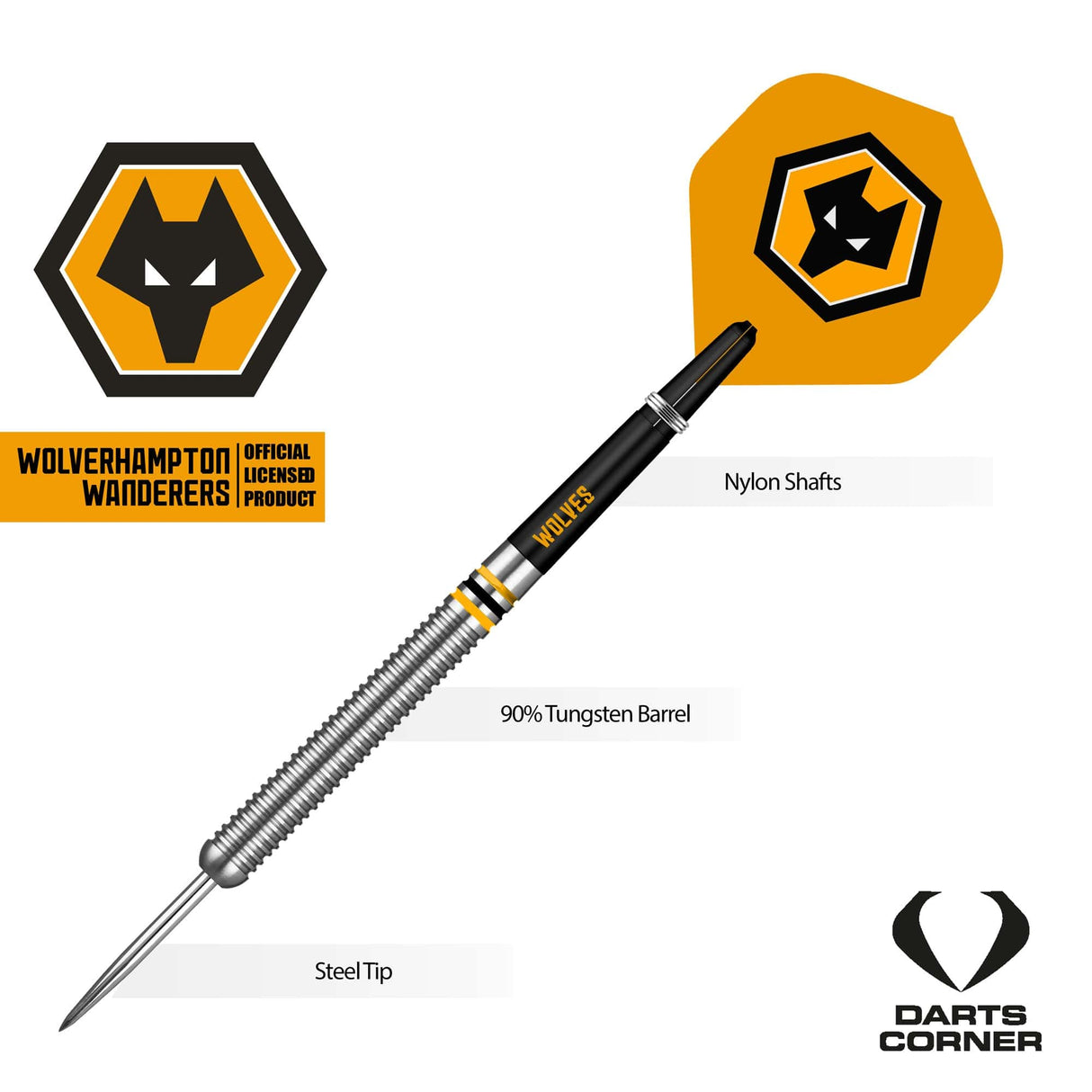 Wolverhampton Wanderers FC Darts - Steel Tip Tungsten - Official Licensed - Wolves - 24g