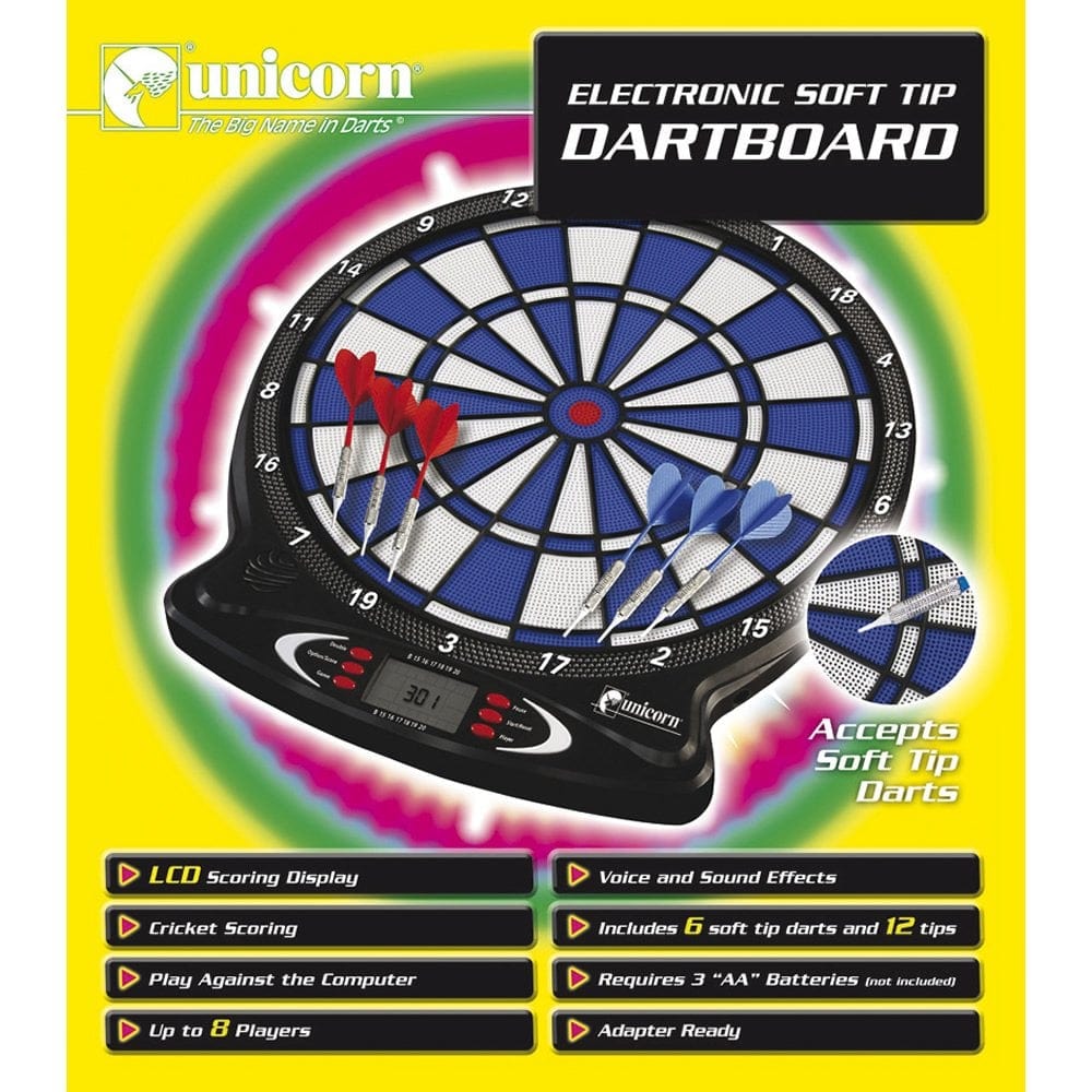 Unicorn Electronic Dartboard - Soft Tip Board - inc 6 Darts - Blue