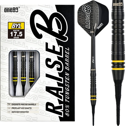 One80 Raise B Darts - Soft Tip - Black - Yellow Rings 17g