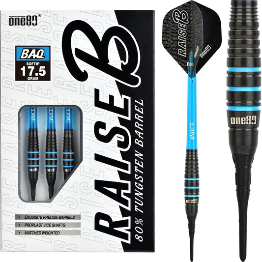One80 Raise B Darts - Soft Tip - Black - Aqua Blue Rings 17g