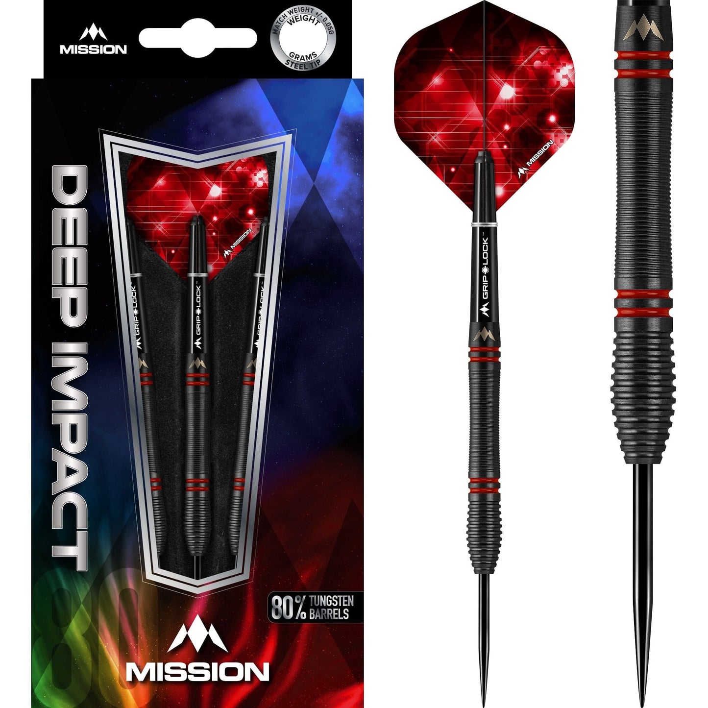 Mission Deep Impact Darts - Steel Tip - Black - M5 - Red 22g